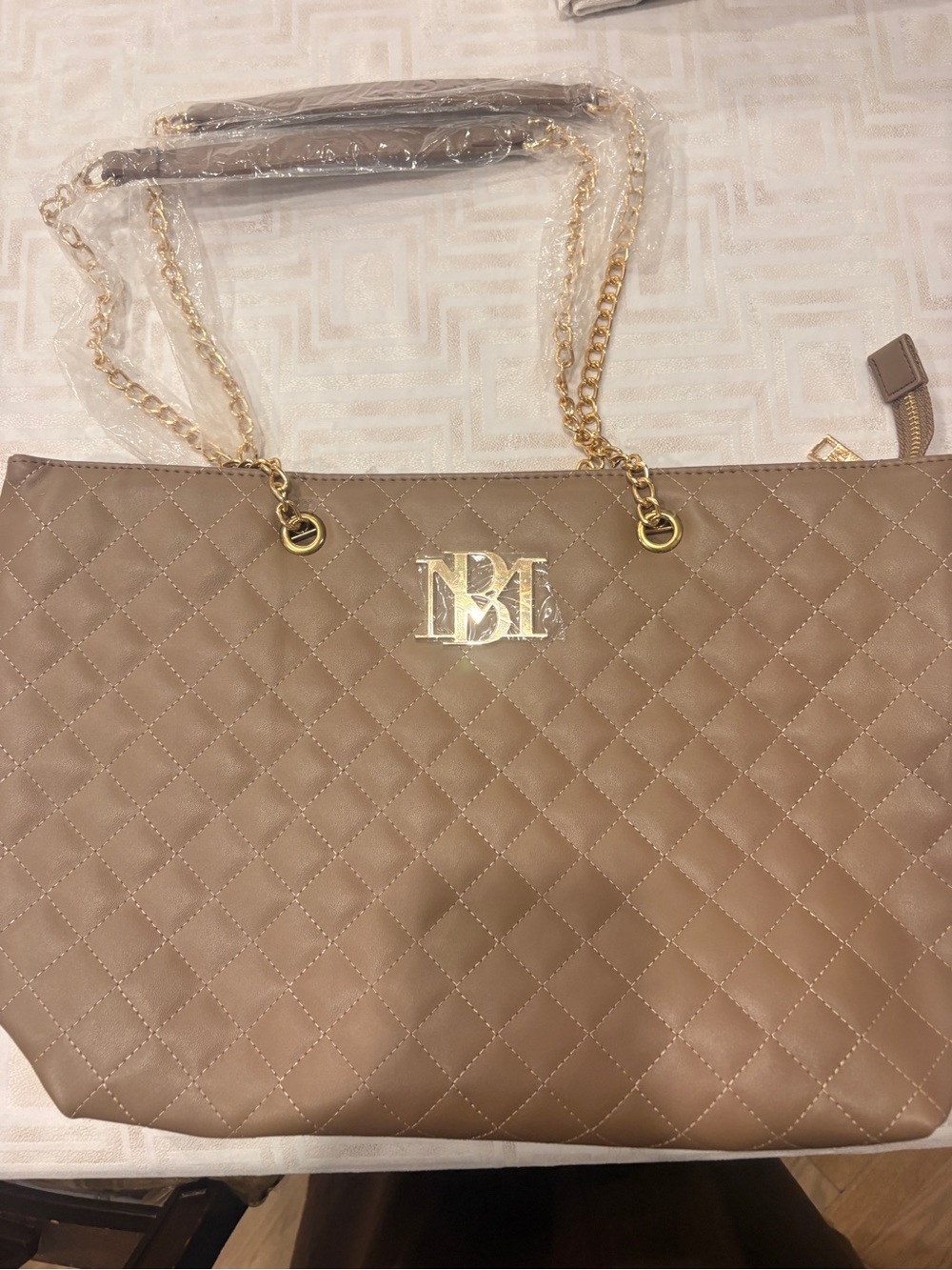 Badgley Mischka Taupe Quilted Tote with Gold Chain Handles